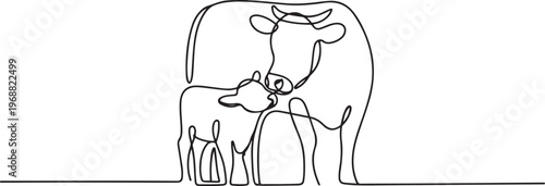 Mother and baby cattle love symbol single stroke outline art isolated. one line Icon drawing