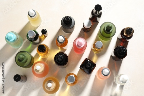 Tableau sur toile Different cosmetic products on white table, flat lay