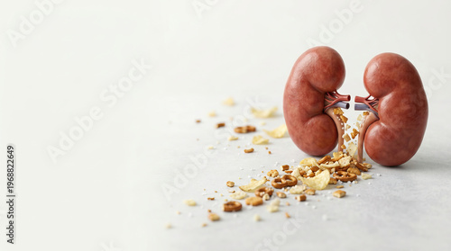 Human kidney model with scattered snack food pieces representing kidney stones and blockage, medical concept showing health risk and discomfort