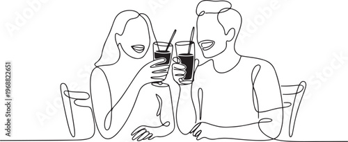 Single continuous line drawing couple toasting healthy juice drinks together at restaurant. Detox smoothie drink toast at summer holidays. one line art icon drawing vector