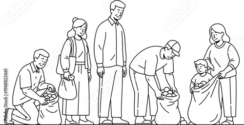 Diverse group of people, including a family, collaboratively harvesting and collecting produce into sacks, illustrating teamwork, agriculture, and community.