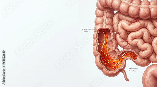 Human intestines with labeled ascending colon and terminal ileum showing internal structure and blood vessels in detailed medical illustration
