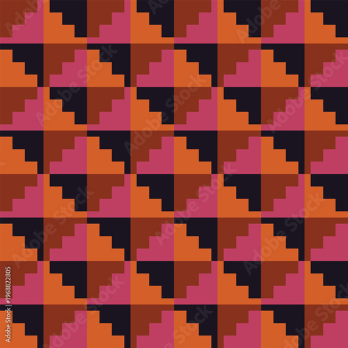 Stepped diamond pattern created from small teal, orange, blue and navy blue