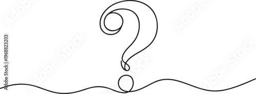 Question mark symbol with looped tail and dot detail in minimalist black line style typography black and white