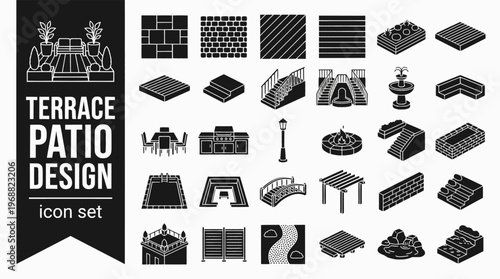 Terrace Patio Design Bold Line Icons-Porcelain Paving Large Format Natural Limestone Composite Decking Concrete Pad Resin Bound Raised Terrace Built-In Bench-15 Terrace Design Icon Set Vector - Patio