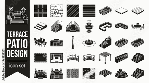 Terrace Patio Design Bold Line Icons-Porcelain Paving Large Format Natural Limestone Composite Decking Concrete Pad Resin Bound Raised Terrace Built-In Bench-15 Terrace Design Icon Set Vector - Patio