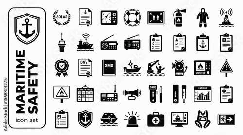 Maritime Safety Compliance Bold Line Icons-SOLAS ISM ISPS EPIRB GMDSS PSC AIS Immersion Suit Lifeboat MOB VSAS-25 Maritime Safety Icon Set Vector