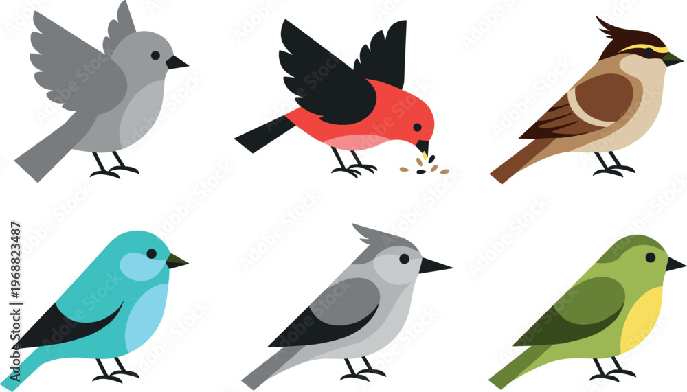 Obraz premium Simple Cartoon Bird Collection Featuring Sparrows Robins and Colorful Songbirds in Flat Minimal Style Isolated Vector Set for Nature Design