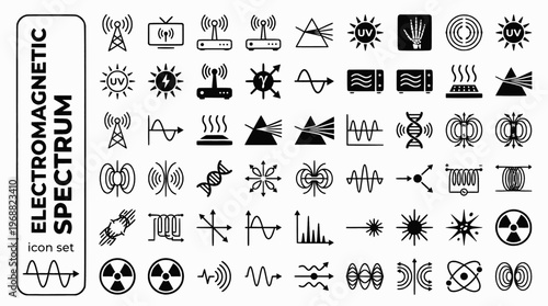 Electromagnetic Spectrum Bold Line Icons-Radio Wave Microwave Infrared Visible Light UV Xray Gamma Wavelength Photon-20 Spectrum Icon Set Vector - EM Spectrum Icons