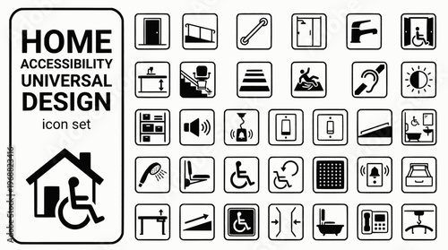 Home Accessibility Universal Design Bold Line Icons-Level Threshold Ramped Access Grab Rail Walk-In Shower Lever Tap Wider Doorway Height Adjustable Stairlift-15 Accessibility Icon Set Vector - Univer