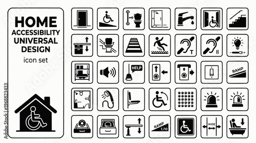 Home Accessibility Universal Design Bold Line Icons-Level Threshold Ramped Access Grab Rail Walk-In Shower Lever Tap Wider Doorway Height Adjustable Stairlift-15 Accessibility Icon Set Vector - Univer