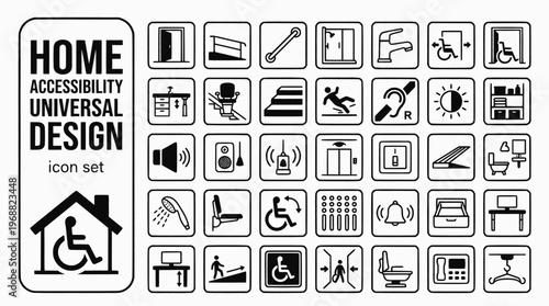 Home Accessibility Universal Design Bold Line Icons-Level Threshold Ramped Access Grab Rail Walk-In Shower Lever Tap Wider Doorway Height Adjustable Stairlift-15 Accessibility Icon Set Vector - Univer