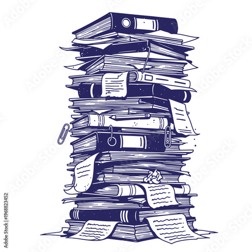 A tall stack of messy office documents ring binders books and loose papers with a paperclip and a crumpled ball of paper in a dark blue ink line style on a white background