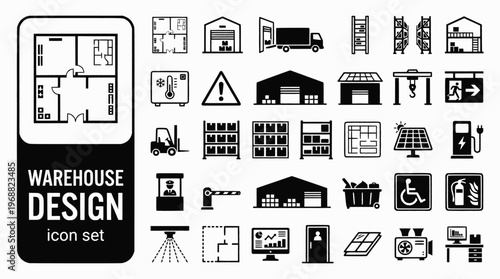 Warehouse Layout Design Bold Line Icons-Floor Plan Dock Mezzanine Cross-Dock Cold Store Hazmat Racking Sprinkler Solar-25 Warehouse Design Icon Set Vector