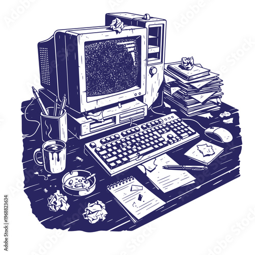 Cluttered vintage computer desk with old cathode ray tube monitor keyboard mouse stack of paper documents notepad coffee mug pen holder and overflowing ashtray in dark blue ink style