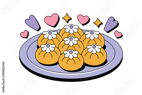 Delicious Pastries with Flowers on a Plate with Hearts and Stars
