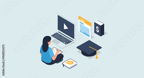 Student learning online with laptop and graduation cap illustration.