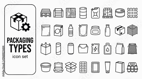 Packaging Types Materials Bold Line Icons-Corrugated Drum IBC Jerrycan Vacuum Blister Shrink Sleeve Kraft Retort Clamshell-25 Packaging Types Icon Set Vector