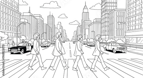 Line art illustration of four men walking across a zebra crossing in a bustling city street, with cars and tall buildings in the background, reminiscent of a famous album cover.