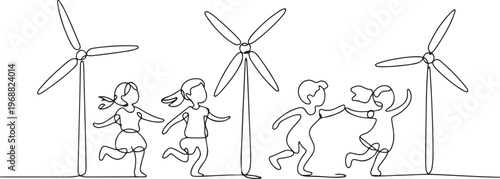 Girls playing with windmills. World ozone day concept. one line Icon drawing