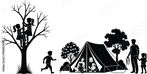 Silhouetted family camping scene with children playing outdoors, two girls climbing a tree, a boy running, and parents with kids relaxing inside a tent.