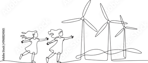 Girls playing with windmills. World ozone day concept. one line Icon drawing
