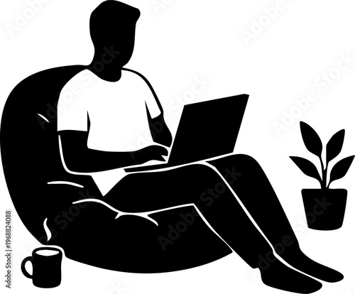 Freelancer working on laptop at home silhouette, remote work and relaxed home office lifestyle illustration