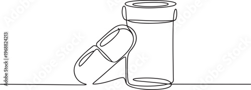 Capsule medicine and its bottle. Medicine concept one-line drawing. one line Icon drawing