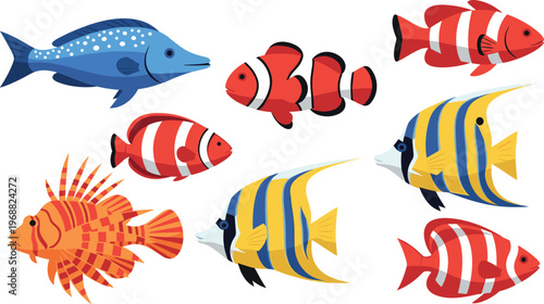 Colorful Tropical Fish Collection Featuring Clownfish Angelfish Lionfish and Marine Species in Flat Cartoon Style Isolated Vector Illustration for Aquarium Design