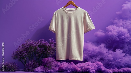 Plain white t-shirt hanging on a wooden hanger against a vibrant purple background with clouds and purple flowers, showcasing a minimalist fashion display