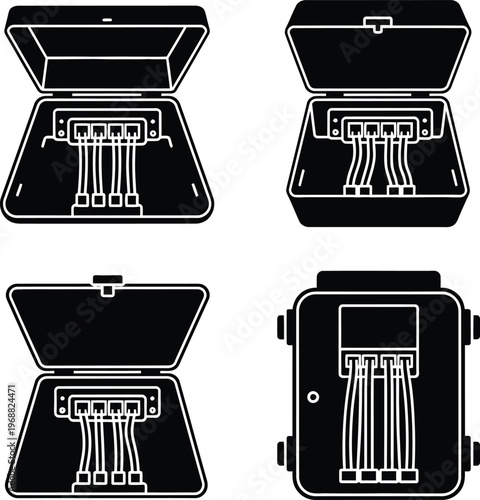 Network Fiber Optic Distribution Box and Ethernet Cable Connection Icons Scalable Vector Art Set