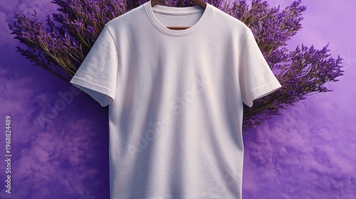 Plain white t-shirt hanging on a wooden hanger against a vibrant purple background with lavender flowers creating a visually appealing and colorful display