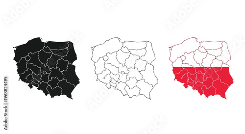 Poland's regional maps with varying administrative divisions highlighted in black, white, and red. Vector