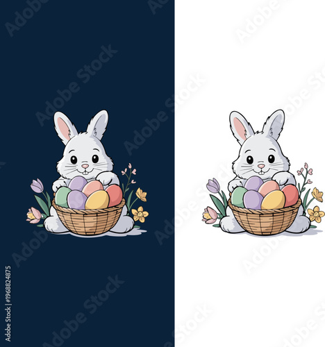 Cute Easter Bunny with Colorful Eggs Flat Vector Illustration for poster, T-Shirt Design, Apparel and Print-on-Demand