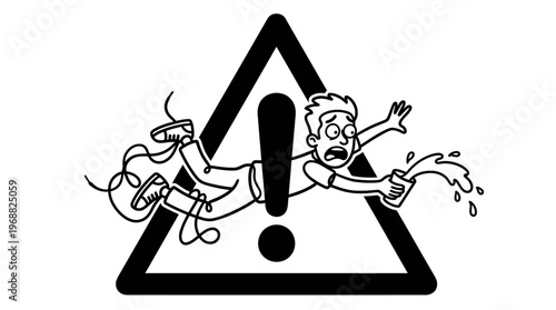 Minimalist Warning Exclamation with Clumsy Cartoon Fall Line Art, Monochrome Vector Illustration of Slapstick Comedy