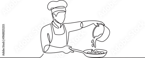 A male chef pouring ingredient to the pan. one line art icon drawing vector