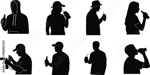 People drinking beverages silhouettes set with men and women holding bottles and cups isolated on white background for lifestyle design use