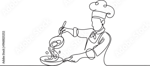 A male chef pouring ingredient to the pan. one line art icon drawing vector