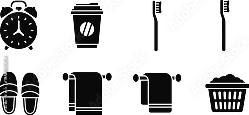 Daily routine icons wake up coffee hygiene and household chores