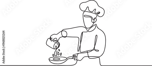 A male chef pouring ingredient to the pan. one line art icon drawing vector