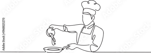 A male chef pouring ingredient to the pan. one line art icon drawing vector