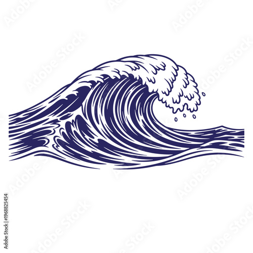 Dark blue ink line of a curling ocean wave with white foam crest isolated on a white background in a woodcut style