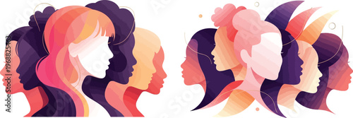 Diverse women profile silhouettes in flat vector style, multicultural female faces for empowerment and inclusion, colorful group of women portraits
