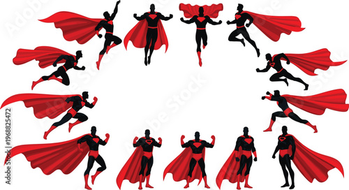 Superhero silhouette set with flying running and standing poses featuring red cape isolated on white background for comic and action design