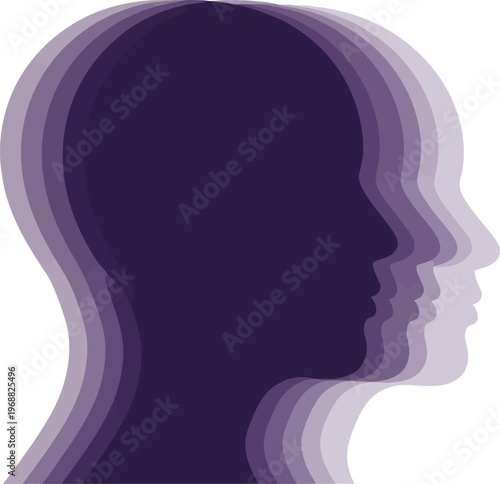 Abstract human head silhouette with purple gradient layers, mental health concept vector, psychological profile and consciousness illustration