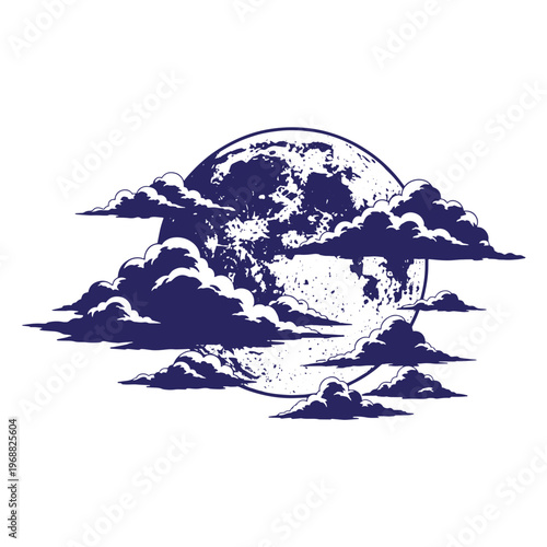 Dark blue moon with textured surface surrounded by layered fluffy clouds isolated on a white background for celestial projects