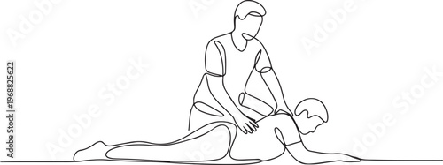 Physiotherapists assist patients during rehabilitation. Patient rehabilitation concept. one line Icon drawing