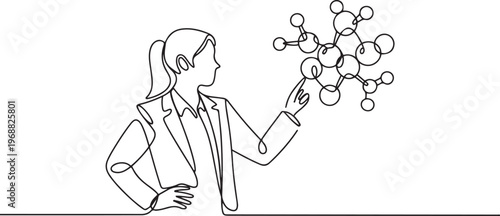 young female analyzing molecular structure. Woman in suit looking a at chemical diagram. Business person studies complex compounds for success. one line art icon drawing vector