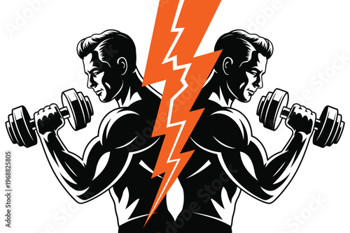 Black and White Illustration of Man Lifting Dumbbells with Orange Accents