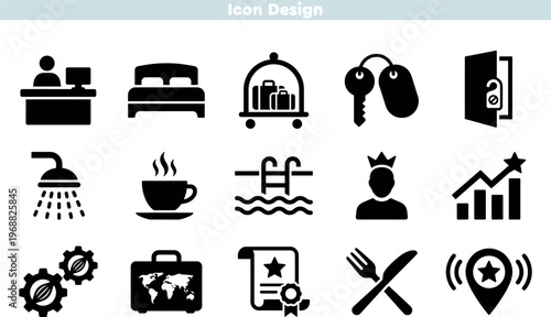 Set of icons for hotel and hospitality services. Includes reception bed luggage cart and room service key. Premium symbols for tourism travel and accommodation. Quality vector design.
